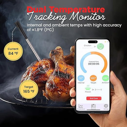 Meat Thermometer Digital Wireless –IP67 Waterproof, 48h Battery Life, Grill Thermometers with 820ft Range, Rechargeable Probe, Bluetooth Wireless Meat Thermometer for BBQ, Smoker, Oven