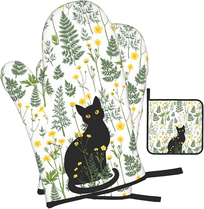 Black Cat Wildflower Hot Pads and Oven Mitts Set of 3, Spring Summer Plants Kitchen Decor Potholders and Oven Mitts, Baking and Cooking Gifts for Chef Baker, Black Cat Gifts for Women & Kitchen Decor