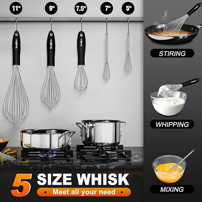 Stainless Steel Whisk Set with 7"+5" Mini whisks, Walfos Heavy Duty Whisks, Kitchen wisk (7+9+11in) Premium for Whisking, Blending, Beating, Frothing & Stirring. - Image 4