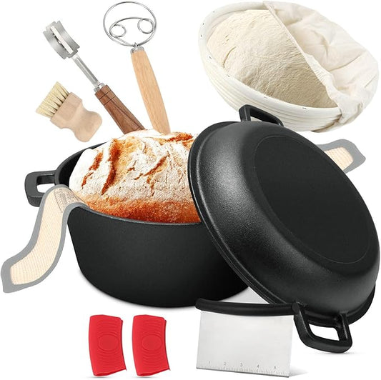 Cast Iron Dutch Oven for Bread Baking, 5 Qt Sourdough Dutch Oven with Lid, 2-in-1 Dutch Pot with Bread Baking Supplies for Camping, Frying and Braising