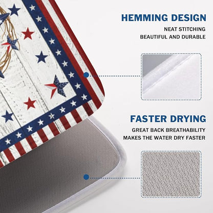 4th of July Patriotic Dish Drying Mat for Kitchen Counter Vintage Red and Blue Star Microfiber Dish Drainer Mat Country Absorbent Washable Drying Pad Extra Large 18"x24"