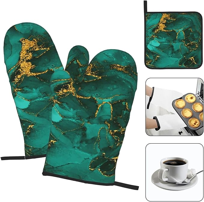 Turquoise Marble Oven Mitts and Pot Holders Sets of 3 Emerald Dark Green Hot Pads Heat Resistant Non Slip Washable for Cooking Grilling Baking BBQ Kitchen Decor - Image 3