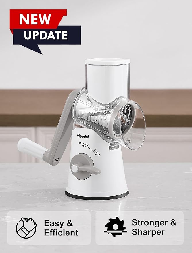 Geedel Rotary Cheese Grater Cheese Shredder with 5 Interchangeable Blades - Upgraded Rotary Grater Featuring Strong Suction Base for Cheese Shredding, Wavy Slicing, Nut Grinding, and Ice Shaving - Image 5