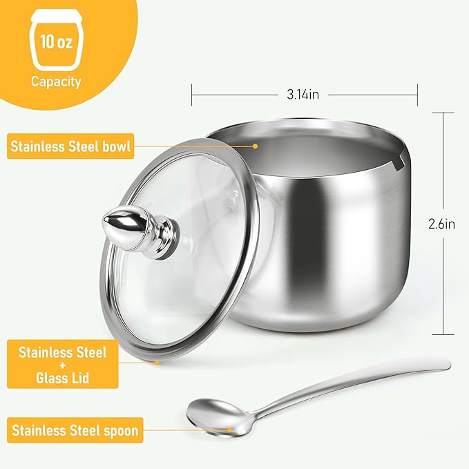 holoith Sugar Container with Glass Lid and Spoon - 10oz Stainless Steel Sugar Bowl for Coffee Bar Station Accessories Kitchen Storage for Salt, Candy, Coffee Bean (Silver) - Image 3