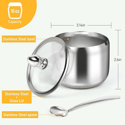 holoith Sugar Container with Glass Lid and Spoon - 10oz Stainless Steel Sugar Bowl for Coffee Bar Station Accessories Kitchen Storage for Salt, Candy, Coffee Bean (Silver) - Image 3