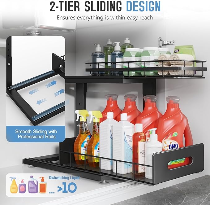 Under Sink Organizer Upgrade To Professional Rails,2-Tier Dual Pull Out Cabinet Storage,Height Adjustable Slide Out Drawers For Bathroom Kitchen,2 Pack-14.5"Dx12.8"-16.9"H,Black - Image 7