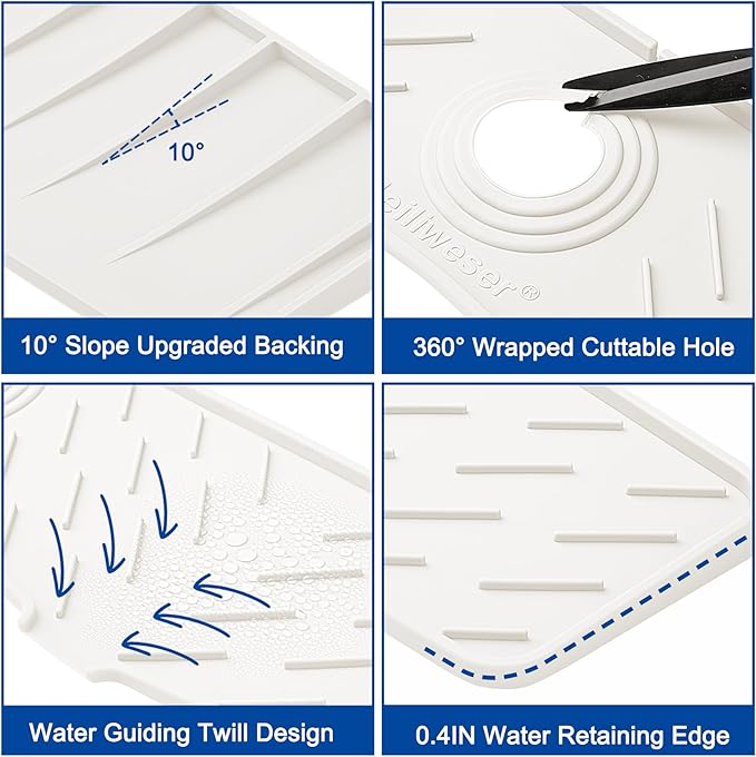 Faucet Mat for Kitchen Sink – 24” x 5.1” Extra-Long Silicone Splash Guard with 10° Slope & Upgraded Drainage – Gen 3 Sink Water Catcher & Sponge Holder for Kitchen, Bathroom (White)