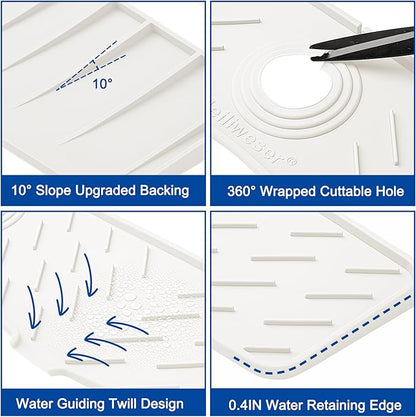 Faucet Mat for Kitchen Sink – 24” x 5.1” Extra-Long Silicone Splash Guard with 10° Slope & Upgraded Drainage – Gen 3 Sink Water Catcher & Sponge Holder for Kitchen, Bathroom (White)