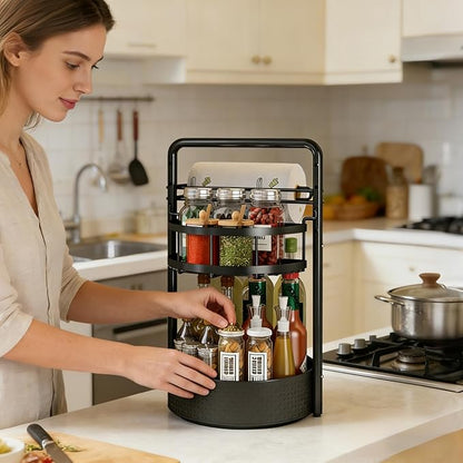 Rotating Spice Rack with Paper Towel Holder, 2 Tier Turntable Lazy Susan, Seasoning Organizer for Kitchen Countertop Cabinet, Black - Image 2