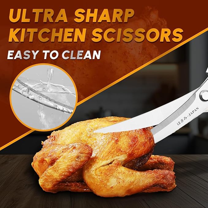 HUUSK Kitchen Scissors Silver - Stainless Steel Kitchen Shears for Food, Japanese Cooking Scissor, Sharp Meat Scissors Dishwasher Safe, Heavy Duty Poultry Shears for Chicken, Gifts for Women - Image 2