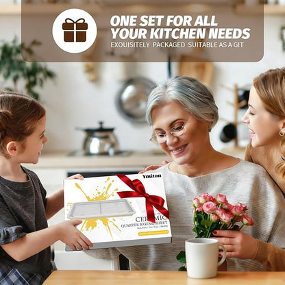 Nonstick Ceramic Baking Sheet with Rack, 2-Pack 13x9 Quarter Sheet Pan,(External 10x14), Non-Toxic PTFE & PFOA Free Warp-Free Oven Safe 550°F Dishwasher Safe, Aluminized Steel, Gray Yellow