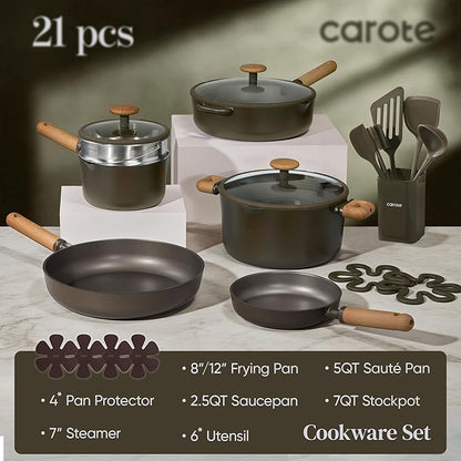 CAROTE Pots and Pans Set Non Stick, 21PCS Cookware Set with Strainer Lid, Induction Cooking Set with Kitchen Utensils, Dark Green - Image 2