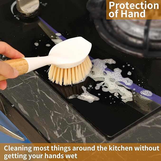 2 Pack Kitchen Dish Brush Bamboo Handle Dish Scrubber Built-in Scraper, Scrub Brush for Pans, Pots, Kitchen Sink Cleaning, Dishwashing and Cleaning Brushes are Perfect Cleaning Tools, White - Image 8