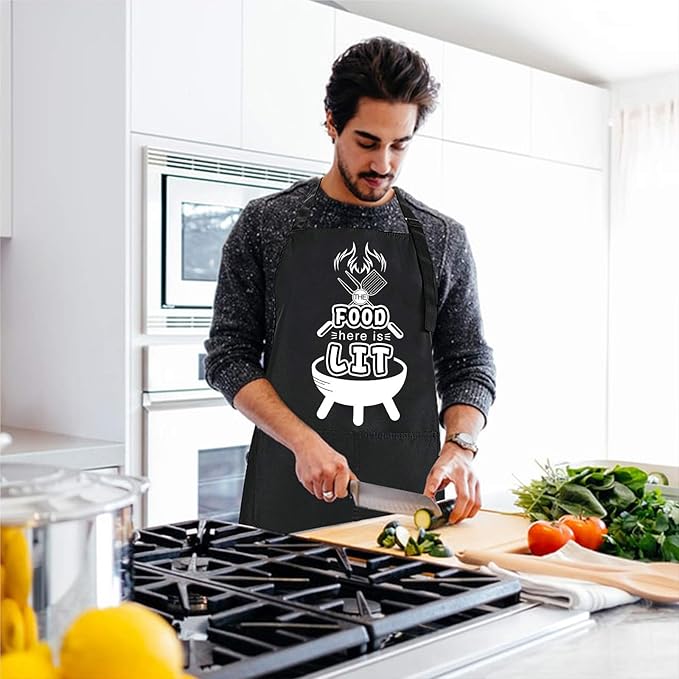 Rosoz Funny BBQ Black Chef Aprons for Men, The Food Here is Lit, Adjustable Kitchen Cooking Aprons with Pocket Waterproof Oil Proof Father’s Day/Birthday