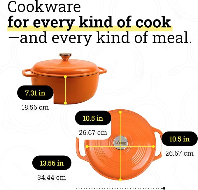 Lodge Essential Enamel Cast Iron Dutch Oven - Perfect for Bread Baking, Braising, Marinating & Slow Cooking - Features Moisture-Sealing Lid & Dual Handles - Kitchen Essentials - 6 Quarts - Pumpkin - Image 5