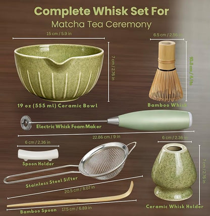 Matcha Whisk Set with Matcha Bowl - Matcha Set Included Electric Frother, Bamboo Whisk, Matcha Spoon, Bamboo Holder, Sifter, Spoon Stand (Mottled Green)