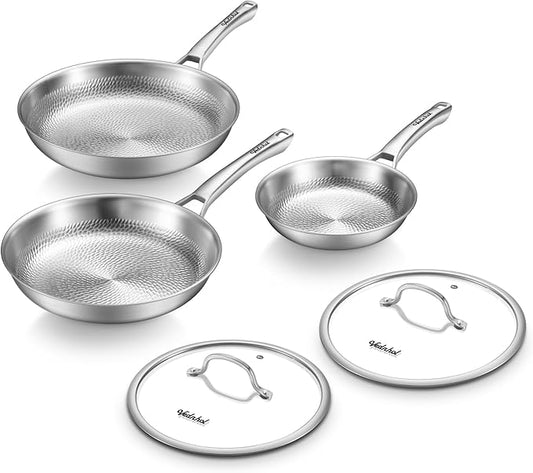 Titanium Au Gratin Pans Set 8/10/12 Inch, Pure Titanium Hammered Frying Pans with 2 Lids, Non-Toxic Skillet Cookware, PFAS/PFOA/PTFE Free, Dishwasher & Oven Safe, Induction Compatible
