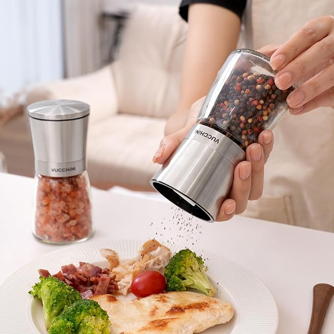 VUCCHINI Salt and Pepper Grinder Set - Adjustable Stainless Steel Spice Ceramic Grinders Mill Shaker for Kitchen Table - Stainless Steel color - Image 6