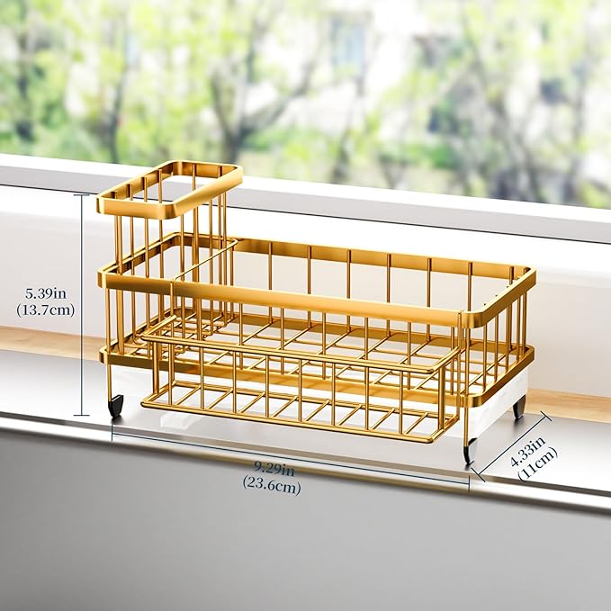 Consumest Sponge Holder for Kitchen Sink - Auto Draining Sink Caddy Organizer with Detachable Rack, High Brush Holder, Kitchen Countertop Storage Accessories, Gold - Image 6