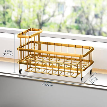 Consumest Sponge Holder for Kitchen Sink - Auto Draining Sink Caddy Organizer with Detachable Rack, High Brush Holder, Kitchen Countertop Storage Accessories, Gold - Image 6
