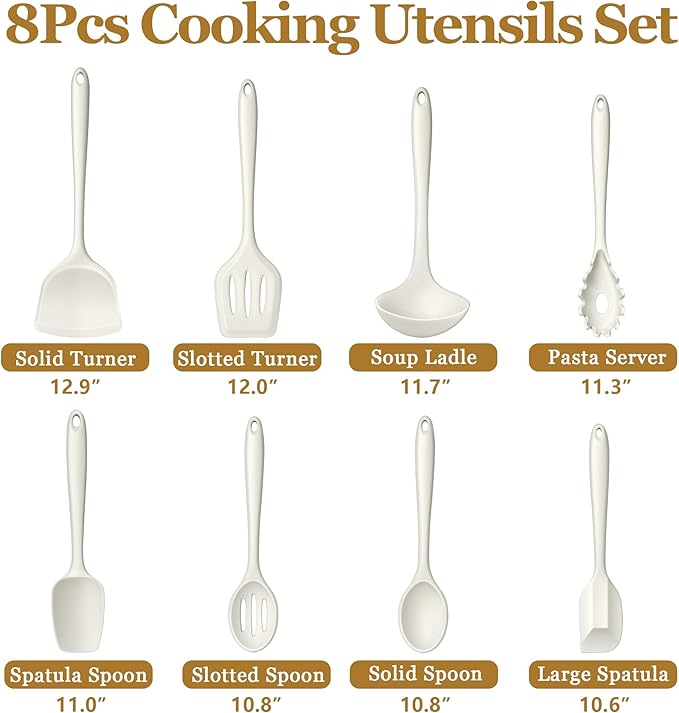 LIANYU 8Pcs Kitchen Cooking Utensils Set, Silicone Utensil Sets, Heat Resistant Kitchen Gadgets Essentials for Nonstick Cookware with Spatula, Spoon, Tuner, Ladle, Dishwasher Safe, White - Image 2