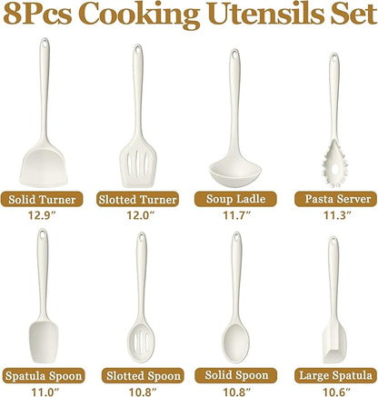 LIANYU 8Pcs Kitchen Cooking Utensils Set, Silicone Utensil Sets, Heat Resistant Kitchen Gadgets Essentials for Nonstick Cookware with Spatula, Spoon, Tuner, Ladle, Dishwasher Safe, White - Image 2