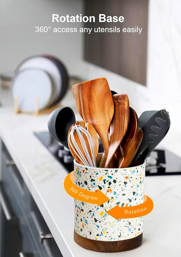 Nucookery 360°Rotating Utensil Holder, 7.2" Large Utensil Crock, White Ceramic Cooking Utensil Organizer,Farmhouse Kitchen Decor Christmas Thanksgiving Gift (Marble Pattern) - Image 3