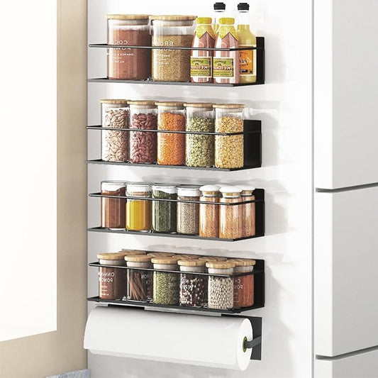 Magnetic Spice Rack For Refrigerator, Space Saving Magnetic Shelf For Fridge Matt Black 4 Pack With Magnetic Paper Towel Holder by Roysili