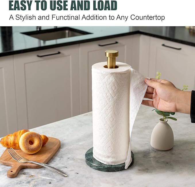 Koville Paper Towel Holder Countertop, Standing Paper Roll Holder with 6" Weighted Marble Base, Stone Paper Towel Holder with Gold Stainless Steel Rod for Kitchen Bathroom (Green)