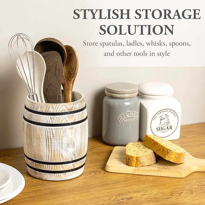 MyGift Wine Barrel Design Kitchen Utensil Holder Crock, Vintage White Washed Solid Wood Cooking Utensils Organizer - Image 3