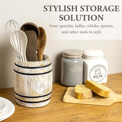 MyGift Wine Barrel Design Kitchen Utensil Holder Crock, Vintage White Washed Solid Wood Cooking Utensils Organizer - Image 3