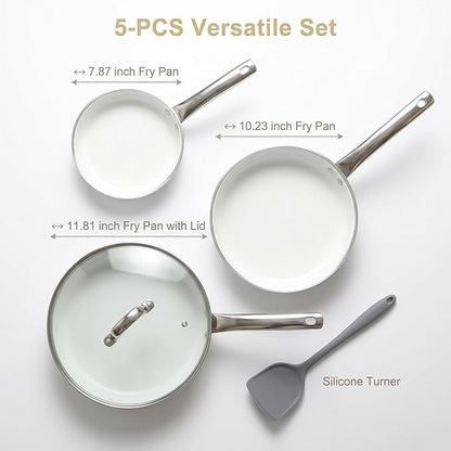 5Pcs Nonstick Cookware Set, Aluminum Nonstick Pots and Pans with Glass Lids, All Stovetops Compatible, Non-toxic Healthy Kitchen Cooking Sets, PFAS and PFOA Free