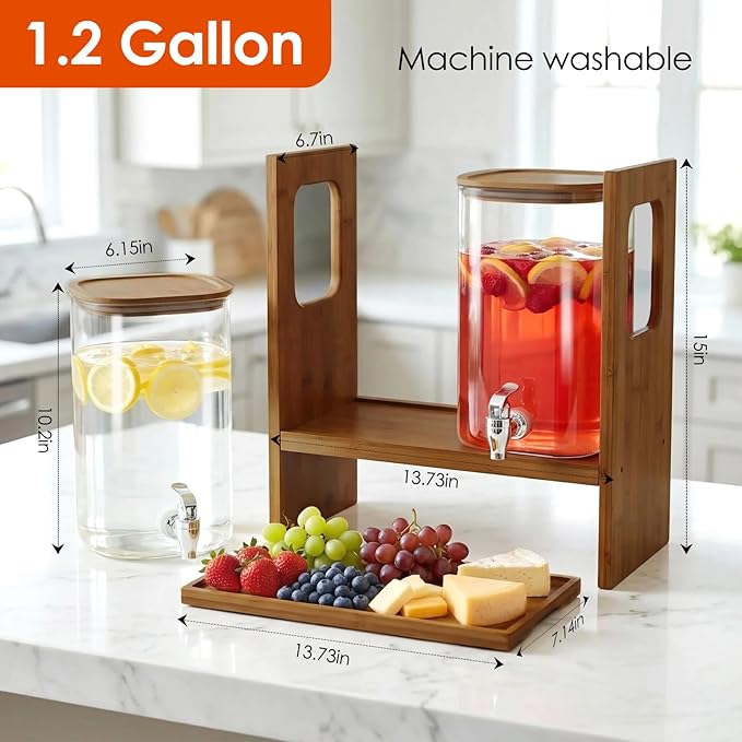 2 PCS 1.2 Gallon Drink Dispenser, Glass Beverage Dispenser with Wood Stand and Detachable Food Platter, Party Drink Dispensers for Lemonade, Juice, Tea, Ice Coffee - Image 3