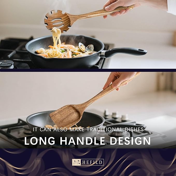 Wooden Spoons for Cooking, Nonstick Cooking Utensil Set with 9 Piece Acacia Wooden Spatulas and Spoons, as well as a Extra Whole Wood Spoon Rest, Terrific for Everyday Kitchen Tasks - Image 5