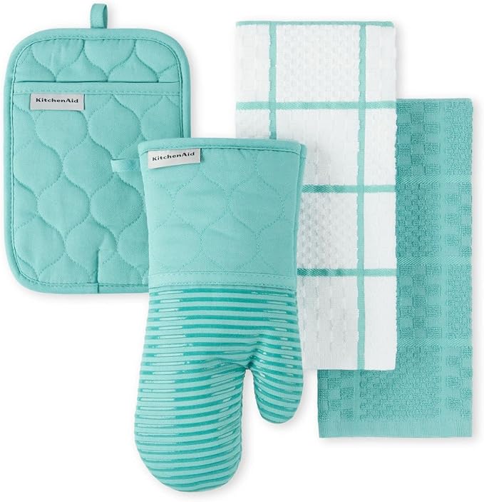 KITCHENAID Quilted Cotton Terry Cloth Oven Mitt, Pot Holder, Kitchen Towel 4-Pack Set, Heat Resistant, Silicone Grip, 16"x26", 7"x13" & 7"x10", Aqua Sky by KitchenAid