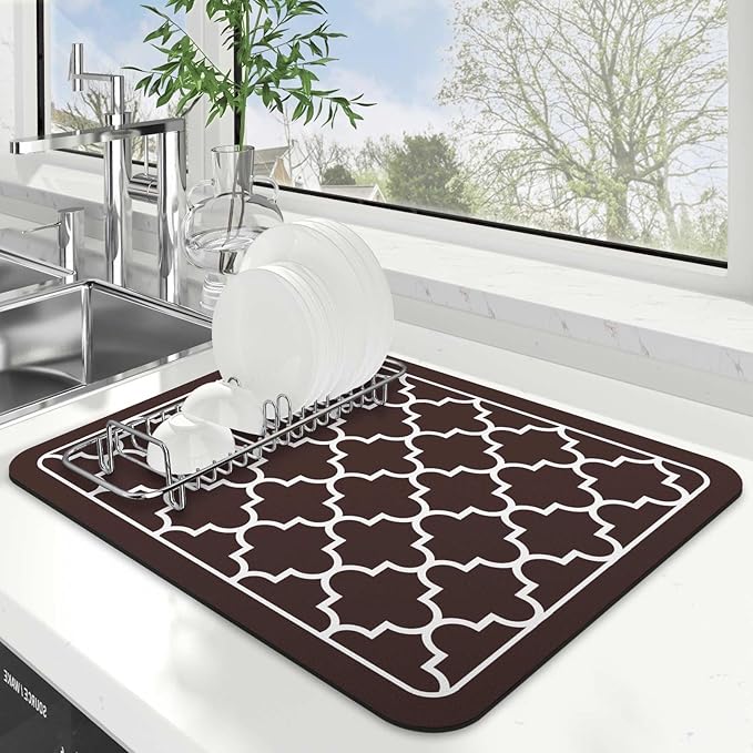 WISELIFE Dish Drying Mat Super Absorbent Drying Mat Large Dish Drying Mats for Kitchen Counter Easy Clean Dish Mat Kitchen Drying Mat15"x 18" Stylish Chocolate by WiseLife