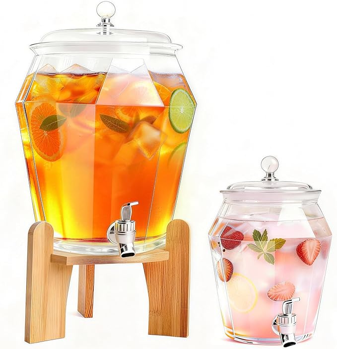 2 PCS Drink Dispenser Set, 2.5 Gallon Total Capacity (7L & 2.6L) - Shatterproof Plastic Beverage Containers with Wood Stand, Leak-Proof Spigot for Juice, Tea, Lemonade & Mimosa Bar Hosting by Bawanglo