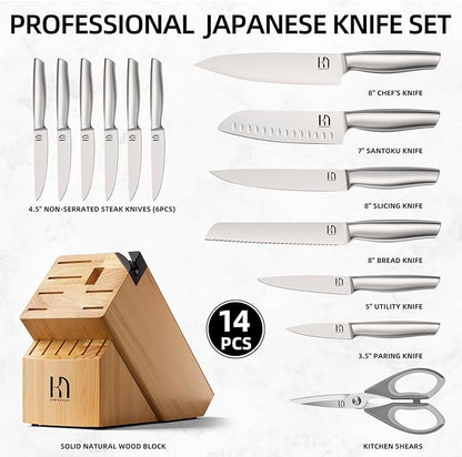KnifeSaga Knife Set, Premium Knife Block Set for Kitchen 14 Pcs UltraSharp Japanese High Carbon Stainless Steel with Block and Built-in Sharpener, Kitchen Knives Set with Non-serrated Steak Knives - Image 6