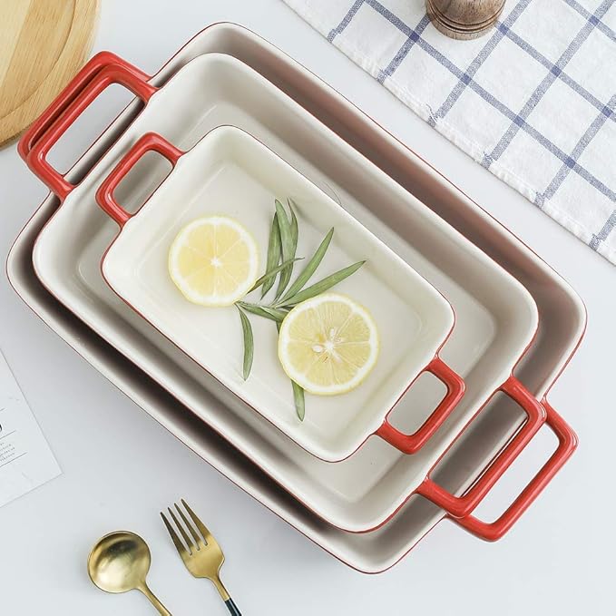 KOOV Bakeware Set, Ceramic Baking Dish, Rectangular Baking Pans Set, Casserole Dish for Cooking, Cake Dinner, Kitchen, Wrapping Upgrade, 12 x 8.5 Inches, 3-Piece (Gradient Red) - Image 5