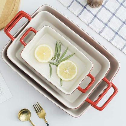 KOOV Bakeware Set, Ceramic Baking Dish, Rectangular Baking Pans Set, Casserole Dish for Cooking, Cake Dinner, Kitchen, Wrapping Upgrade, 12 x 8.5 Inches, 3-Piece (Gradient Red) - Image 5
