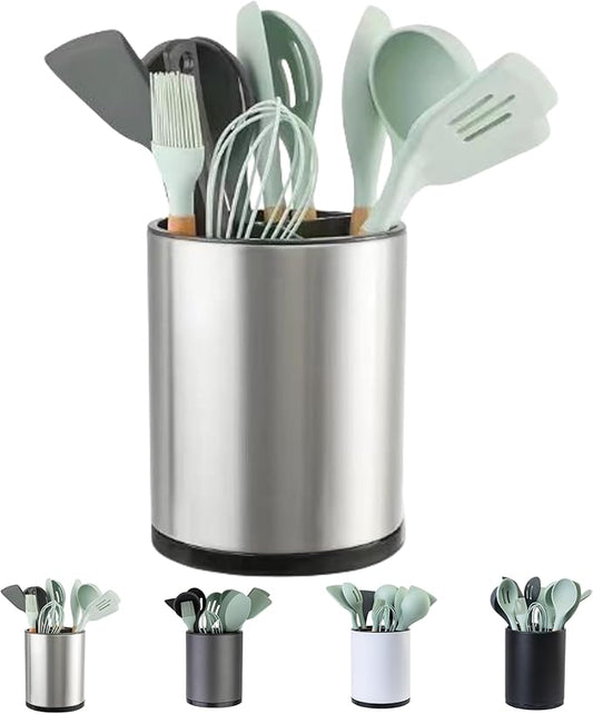 LIBODOUR Kitchen Utensil Holder Extra Large 360°Rotating For Counter Organizer Stainless Steel Storage Cooking Silverware Caddy 3 Compartment Flatware Spoon Spatula Tool Cutlery Container（Silvery） by ModernandFarmhouseUtensilHolder