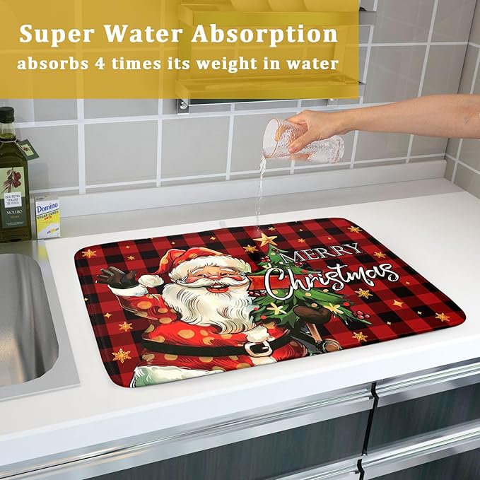 Merry Christmas Santa Claus Red Buffalo Plaid Dish Drying Mat for Kitchen Counter,Winter Snowflake Xmas Tree Drying Mat 18 x 24 Inch with Absorbent Reversible Microfiber Dish Drying Pad for Coffee Bar - Image 7