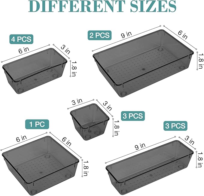 StorMiracle 13 PCS Drawer Organizer Set, 5 Varied Size Bathroom and kitchen Drawer cabinet organizer Trays, Clear Storage Bins for Makeup, Jewelry, Utensils and Gadgets, Black - Image 2