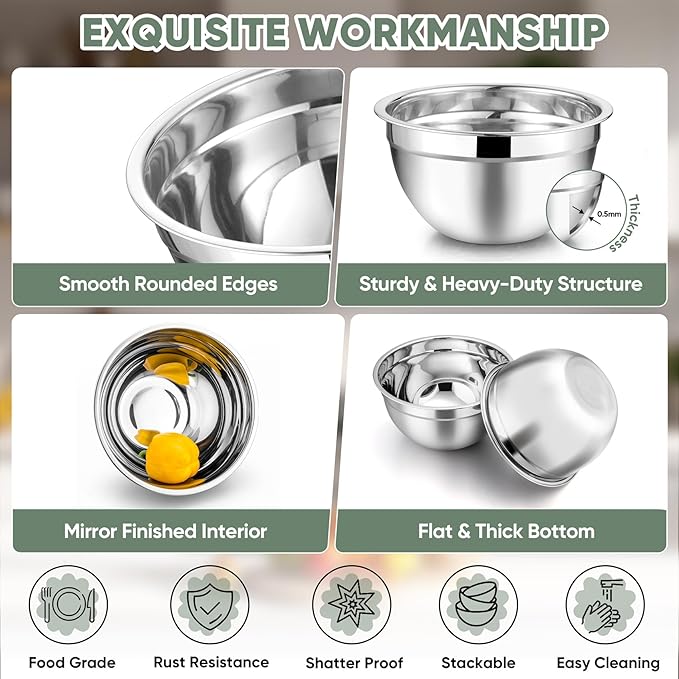 TeamFar Mixing Bowls with Lids, 5-Piece Stainless Steel Metal Nesting Salad Bowl for Mixing Prepping, Healthy & Heavy Duty, Airtight Lids & Dishwasher Safe, 4.5/3/1.5/1/0.7 QT-Khaki - Image 4
