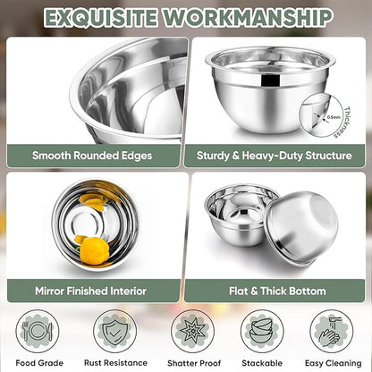 TeamFar Mixing Bowls with Lids, 5-Piece Stainless Steel Metal Nesting Salad Bowl for Mixing Prepping, Healthy & Heavy Duty, Airtight Lids & Dishwasher Safe, 4.5/3/1.5/1/0.7 QT-Khaki - Image 4