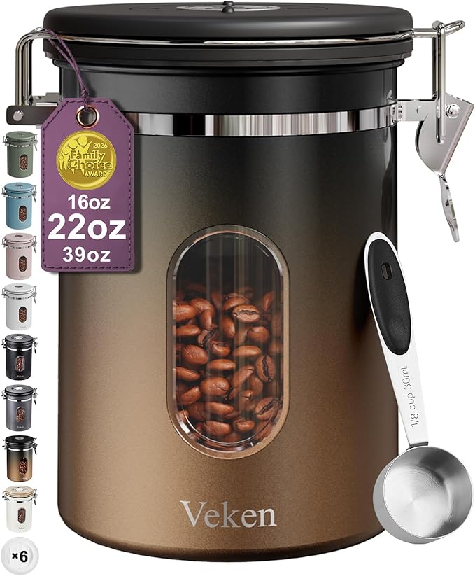 Veken Coffee Canister with Window,Airtight Stainless Steel Kitchen Food Storage Container, Date Tracker & Scoop for Grounds Coffee, Beans, Tea,Flour,Cereal,Sugar,22OZ,Copper by Veken