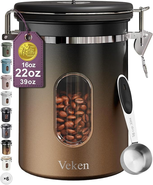 Veken Coffee Canister with Window,Airtight Stainless Steel Kitchen Food Storage Container, Date Tracker & Scoop for Grounds Coffee, Beans, Tea,Flour,Cereal,Sugar,22OZ,Copper by Veken
