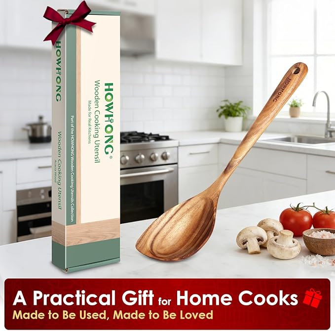 HOWHONG Corner Spoon Wooden Cooking Utensil, Long Handle Acacia Wood Spoon for Cooking, Large Head for Pan Edges, Smooth Finish, Nonstick Cookware Safe, Bare Wood Feel for Daily Kitchen Use