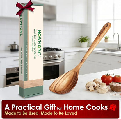 HOWHONG Corner Spoon Wooden Cooking Utensil, Long Handle Acacia Wood Spoon for Cooking, Large Head for Pan Edges, Smooth Finish, Nonstick Cookware Safe, Bare Wood Feel for Daily Kitchen Use