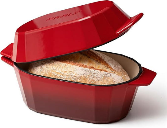 Enameled Cast Iron Sourdough Bread Oven – 3.3QT Dutch Oven for Baking with Lid, Non-Stick Oval Cast Iron Bread Oven for Sourdough-Loaf Cast Iron Bread Pan(Red)